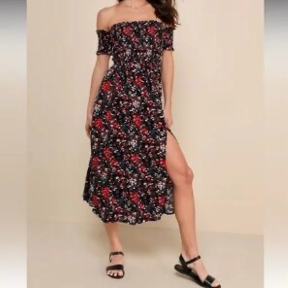 Lulu’s Chic Off-Shoulder Floral Midi Dress - Picture 2 of 3
